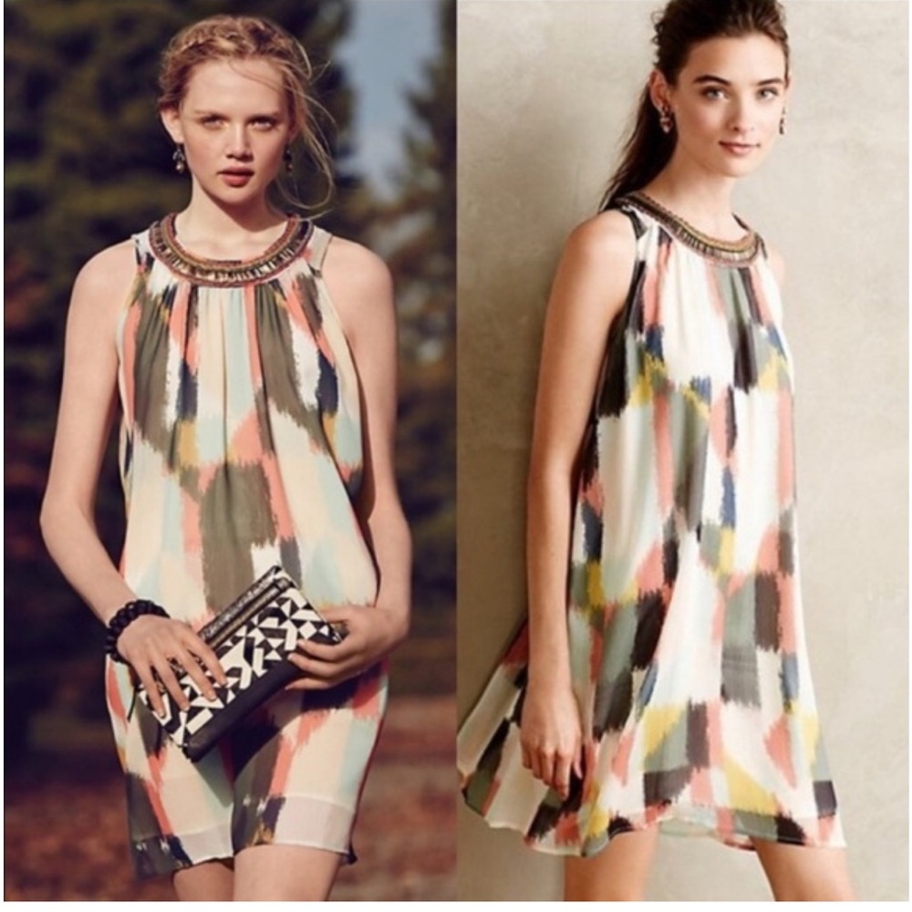 Anthropologie HD in Paris Women's Swing Shift Dress Beaded Brushstroke Size 2